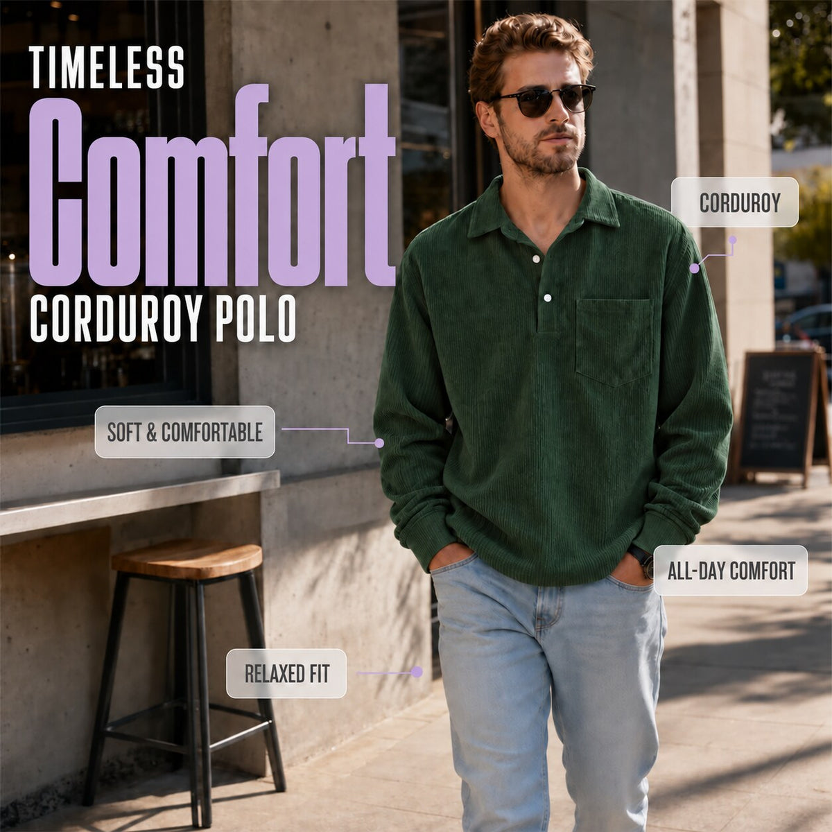 Men’s Corduroy Long-Sleeve Polo Shirt – Relaxed Fit with Chest Pocket