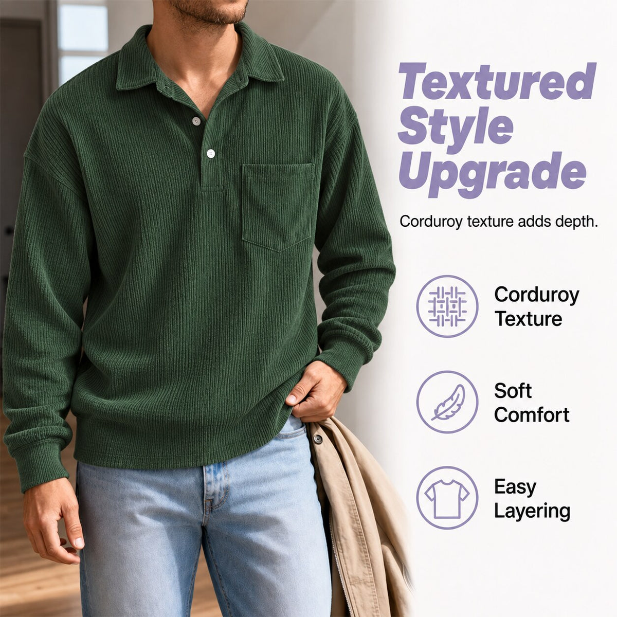 Men’s Corduroy Long-Sleeve Polo Shirt – Relaxed Fit with Chest Pocket