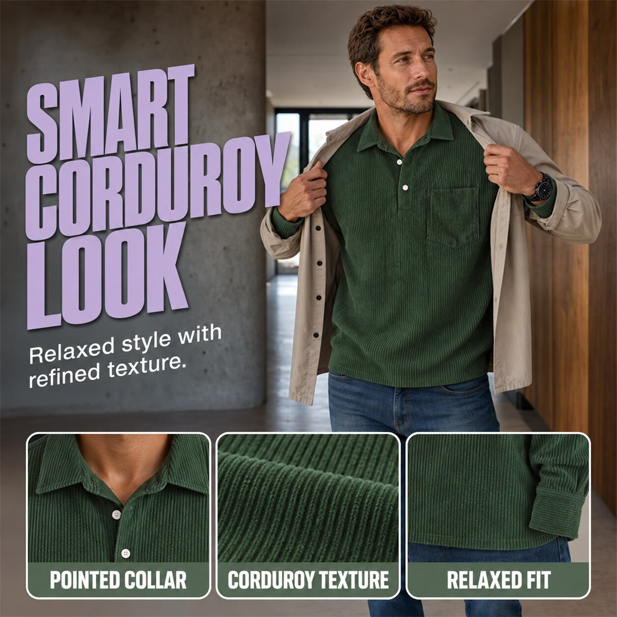 Men’s Corduroy Long-Sleeve Polo Shirt – Relaxed Fit with Chest Pocket
