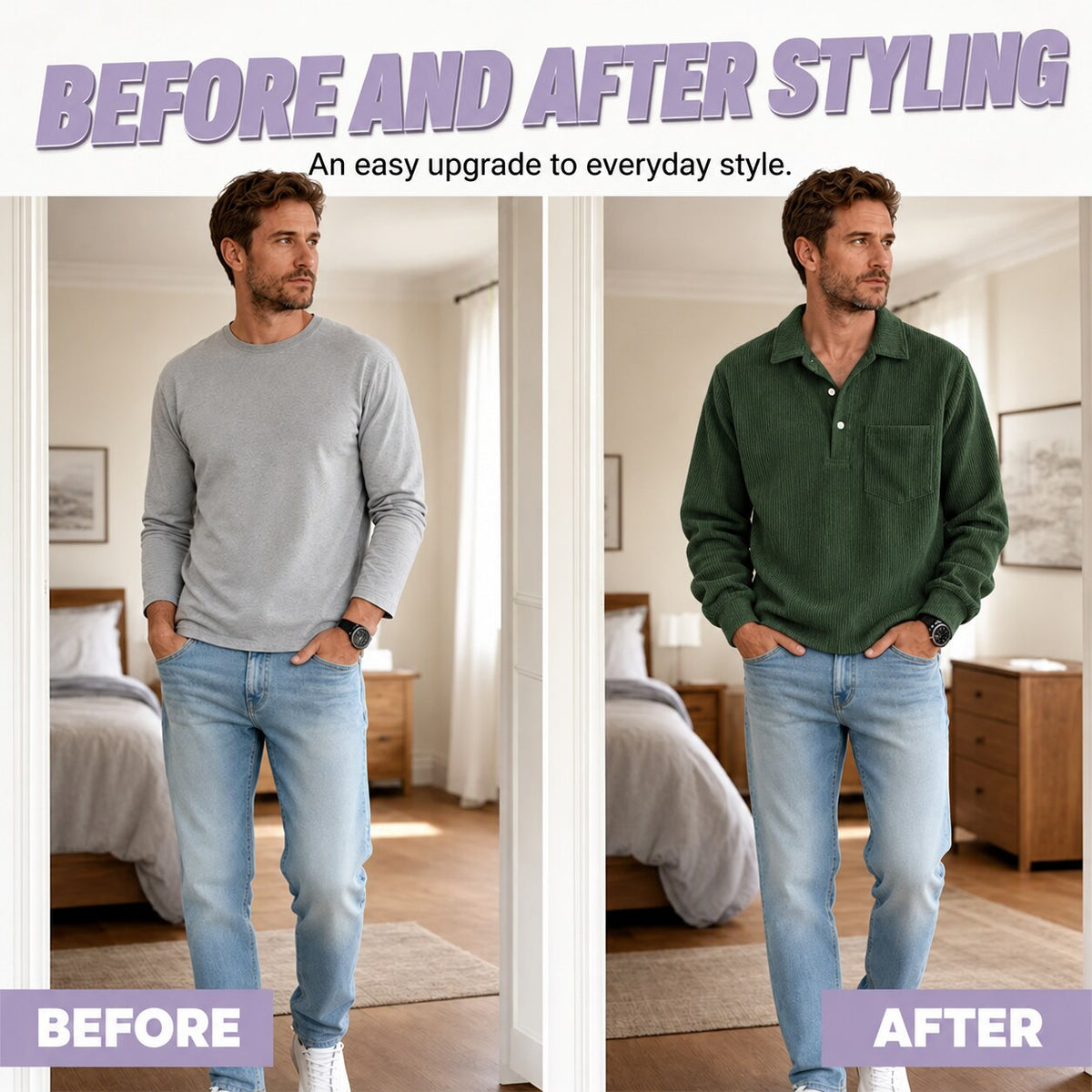 Men’s Corduroy Long-Sleeve Polo Shirt – Relaxed Fit with Chest Pocket