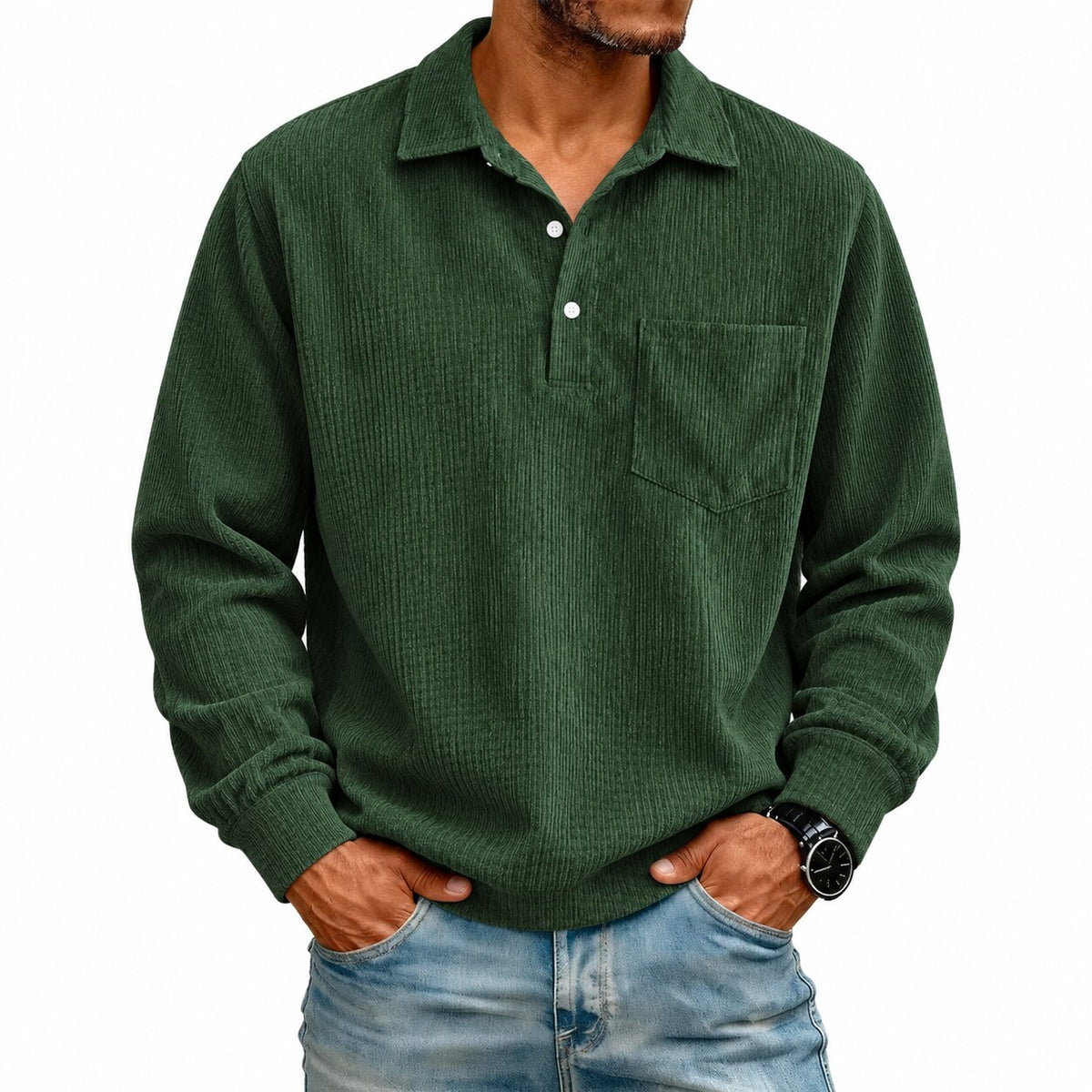 Men’s Corduroy Long-Sleeve Polo Shirt – Relaxed Fit with Chest Pocket