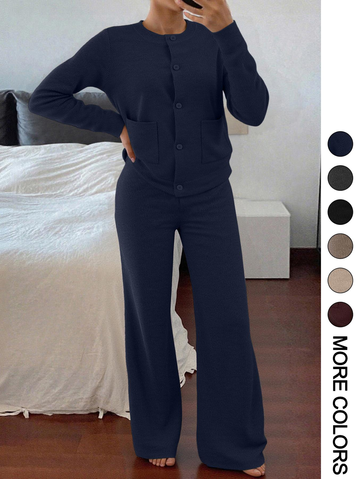 Women's Knit Two-Piece Set – Button Sweater & Wide-Leg Pants
