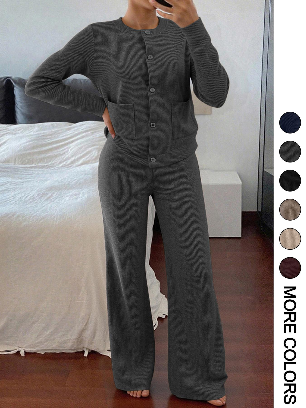 Women's Knit Two-Piece Set – Button Sweater & Wide-Leg Pants