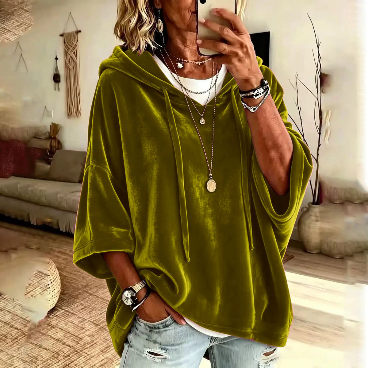 Women’s Hooded Top, Loose Fit Velour Pullover with 3/4 Sleeves, Soft Solid Color Casual Hoodie for Fall Winter, Everyday Lounge & Streetwear