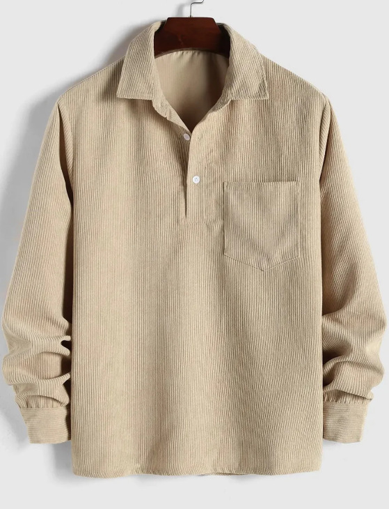 Men’s Corduroy Long-Sleeve Polo Shirt – Relaxed Fit with Chest Pocket