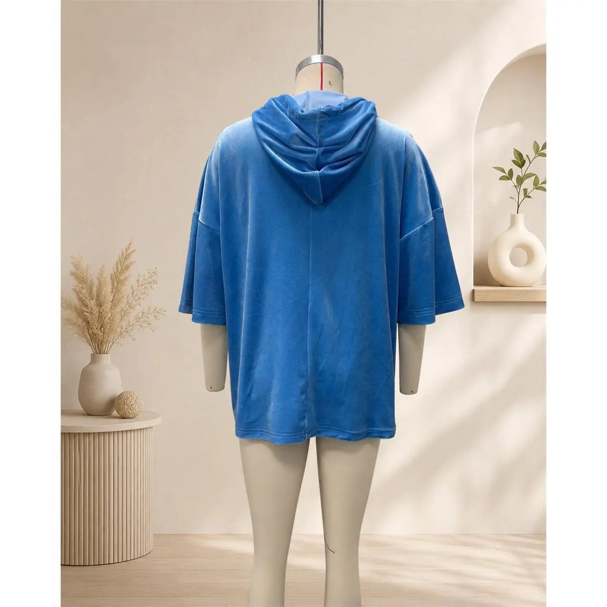 Women’s Hooded Top, Loose Fit Velour Pullover with 3/4 Sleeves, Soft Solid Color Casual Hoodie for Fall Winter, Everyday Lounge & Streetwear
