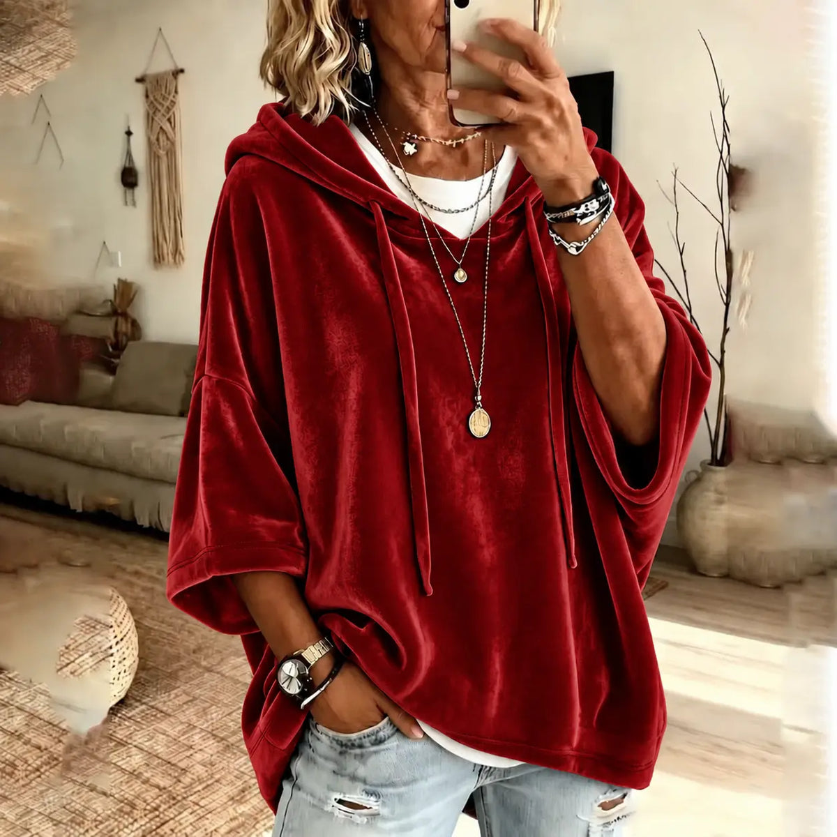 Women’s Hooded Top, Loose Fit Velour Pullover with 3/4 Sleeves, Soft Solid Color Casual Hoodie for Fall Winter, Everyday Lounge & Streetwear