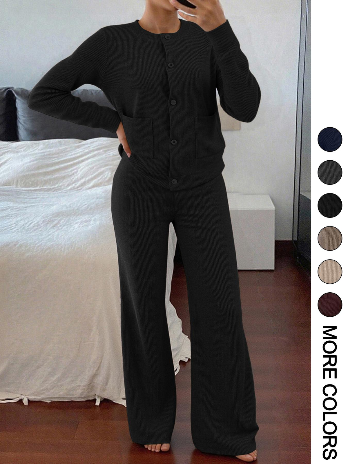 Women's Knit Two-Piece Set – Button Sweater & Wide-Leg Pants