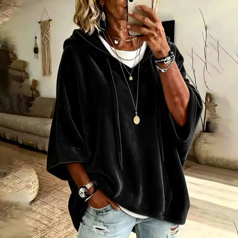 Women’s Hooded Top, Loose Fit Velour Pullover with 3/4 Sleeves, Soft Solid Color Casual Hoodie for Fall Winter, Everyday Lounge & Streetwear