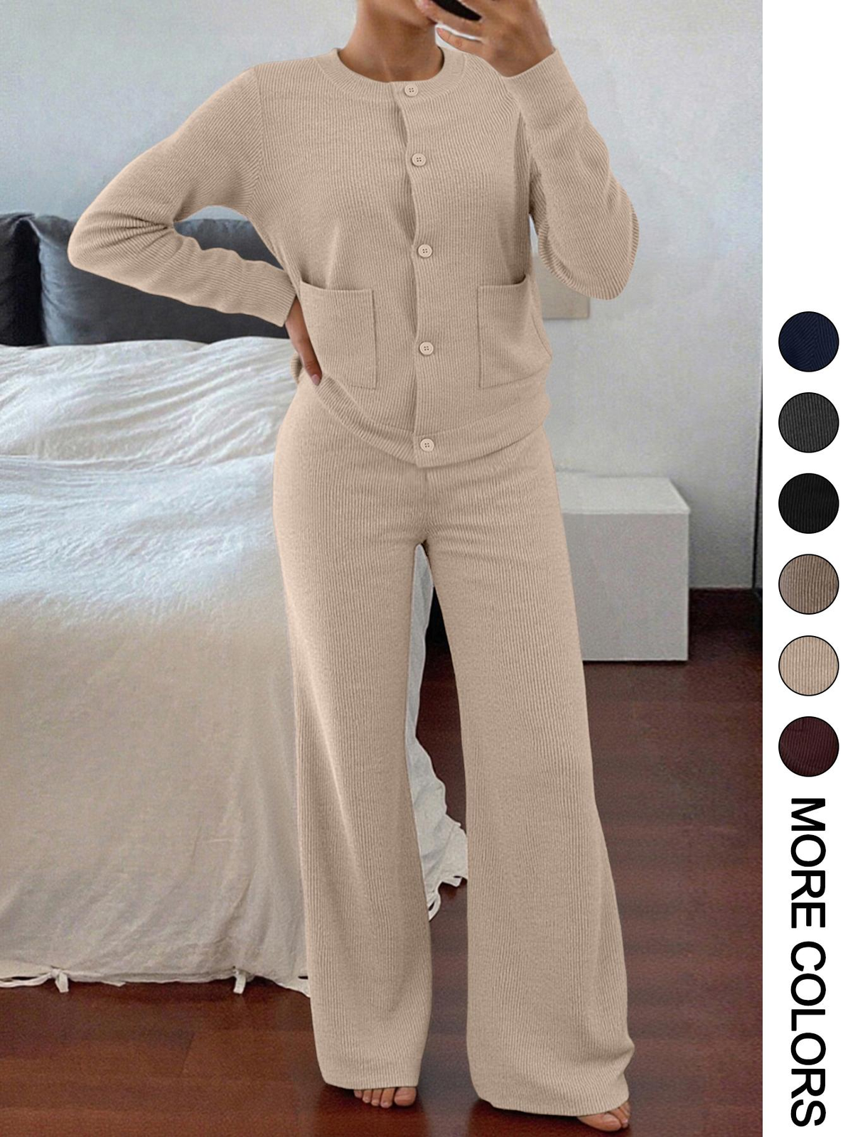 Women's Knit Two-Piece Set – Button Sweater & Wide-Leg Pants