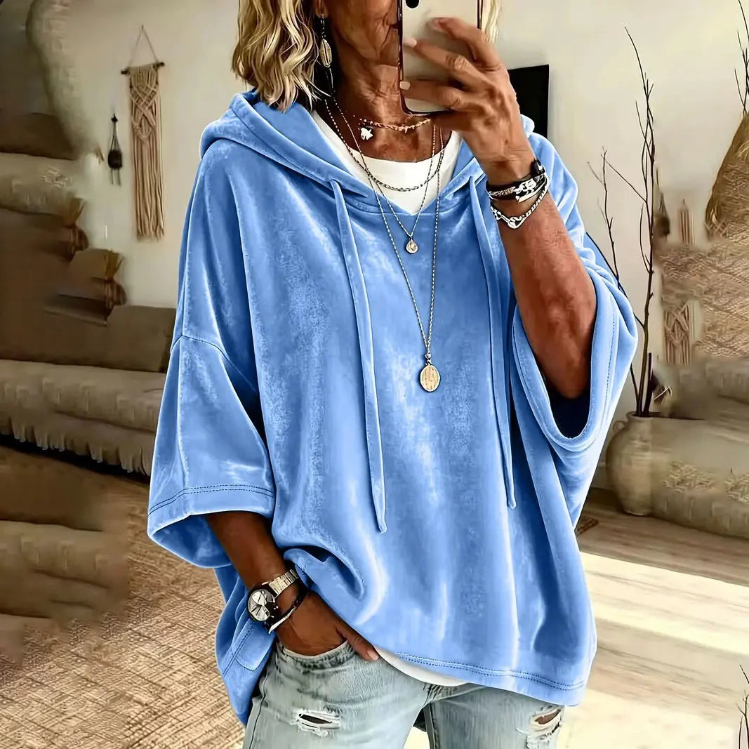 Women’s Hooded Top, Loose Fit Velour Pullover with 3/4 Sleeves, Soft Solid Color Casual Hoodie for Fall Winter, Everyday Lounge & Streetwear