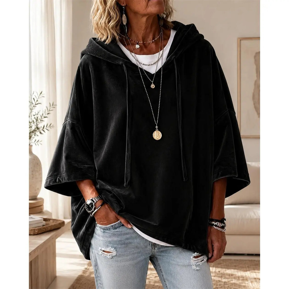 Women’s Hooded Top, Loose Fit Velour Pullover with 3/4 Sleeves, Soft Solid Color Casual Hoodie for Fall Winter, Everyday Lounge & Streetwear