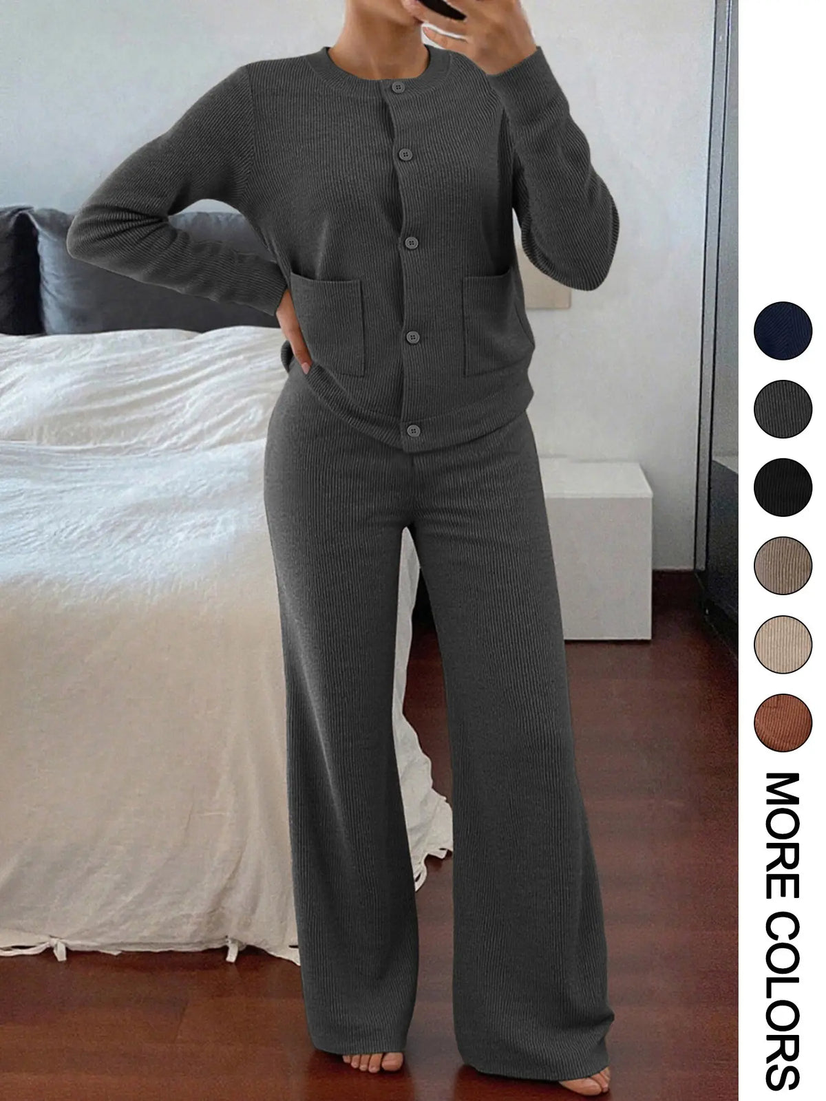 Women's Knit Two-Piece Set – Button Sweater & Wide-Leg Pants