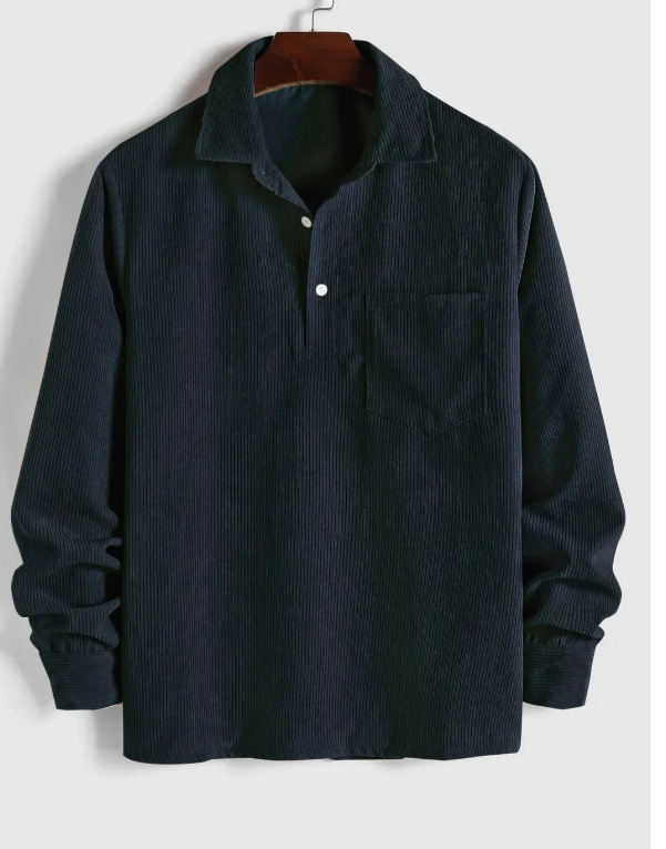 Men’s Corduroy Long-Sleeve Polo Shirt – Relaxed Fit with Chest Pocket