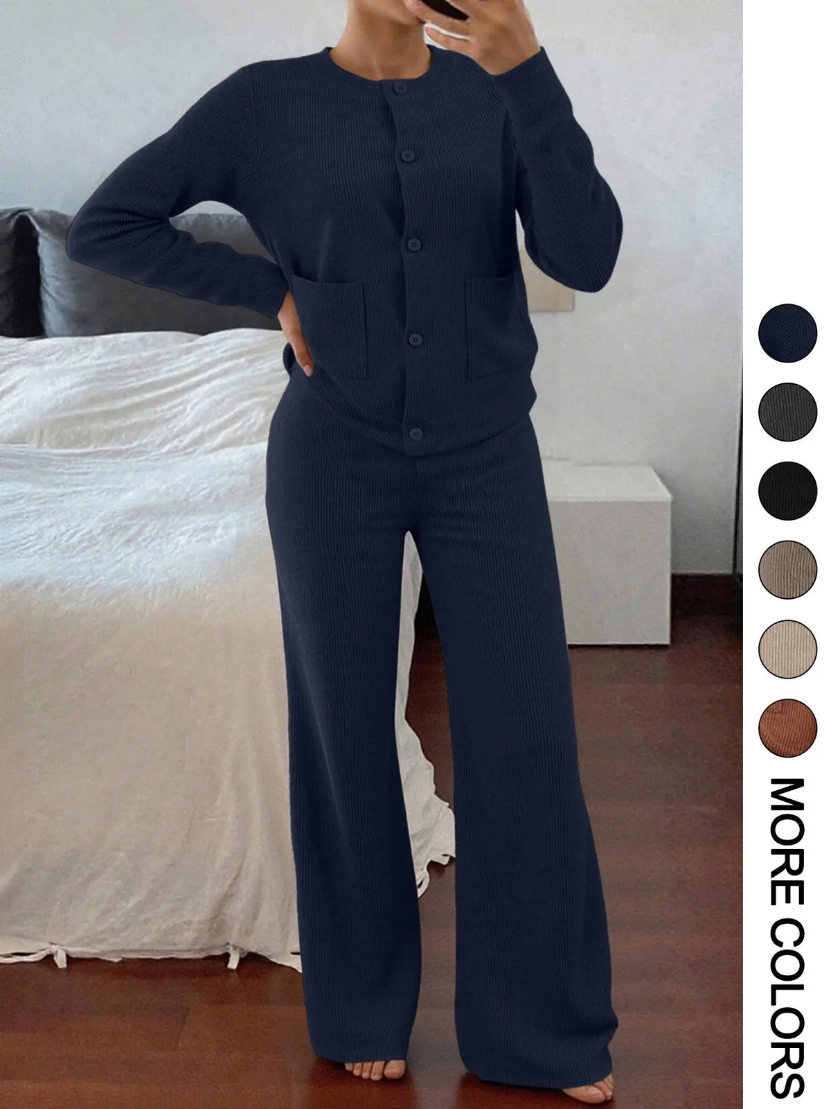 Women's Knit Two-Piece Set – Button Sweater & Wide-Leg Pants