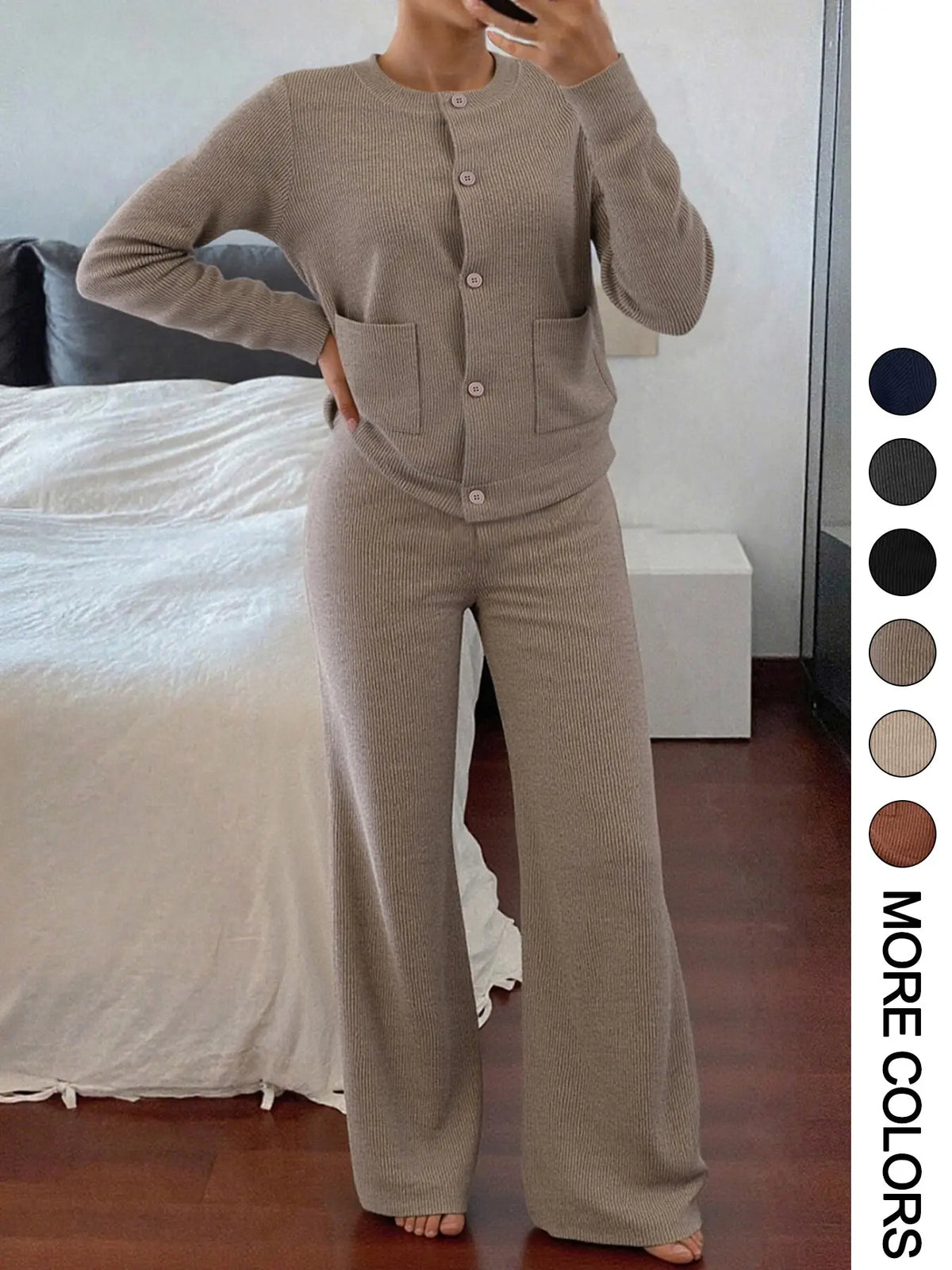 Women's Knit Two-Piece Set – Button Sweater & Wide-Leg Pants