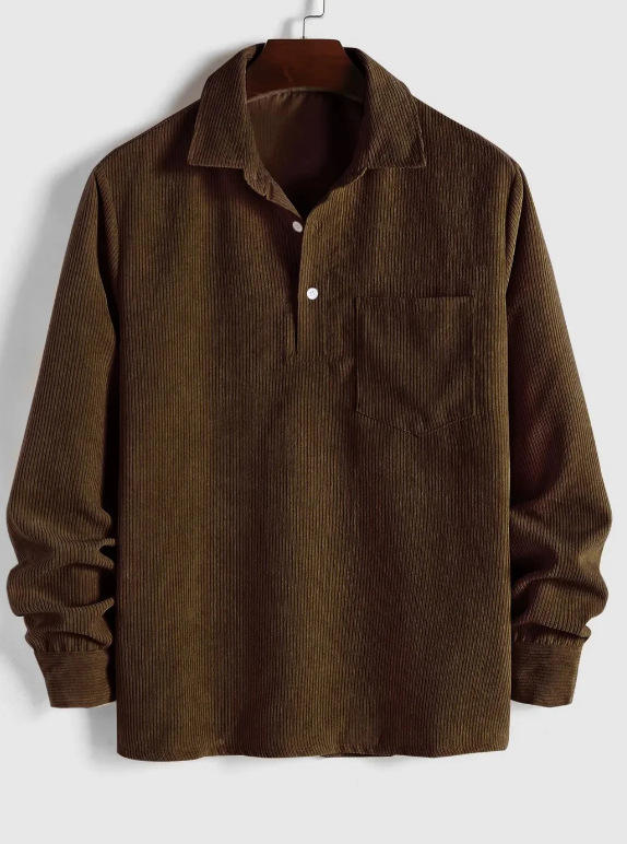 Men’s Corduroy Long-Sleeve Polo Shirt – Relaxed Fit with Chest Pocket