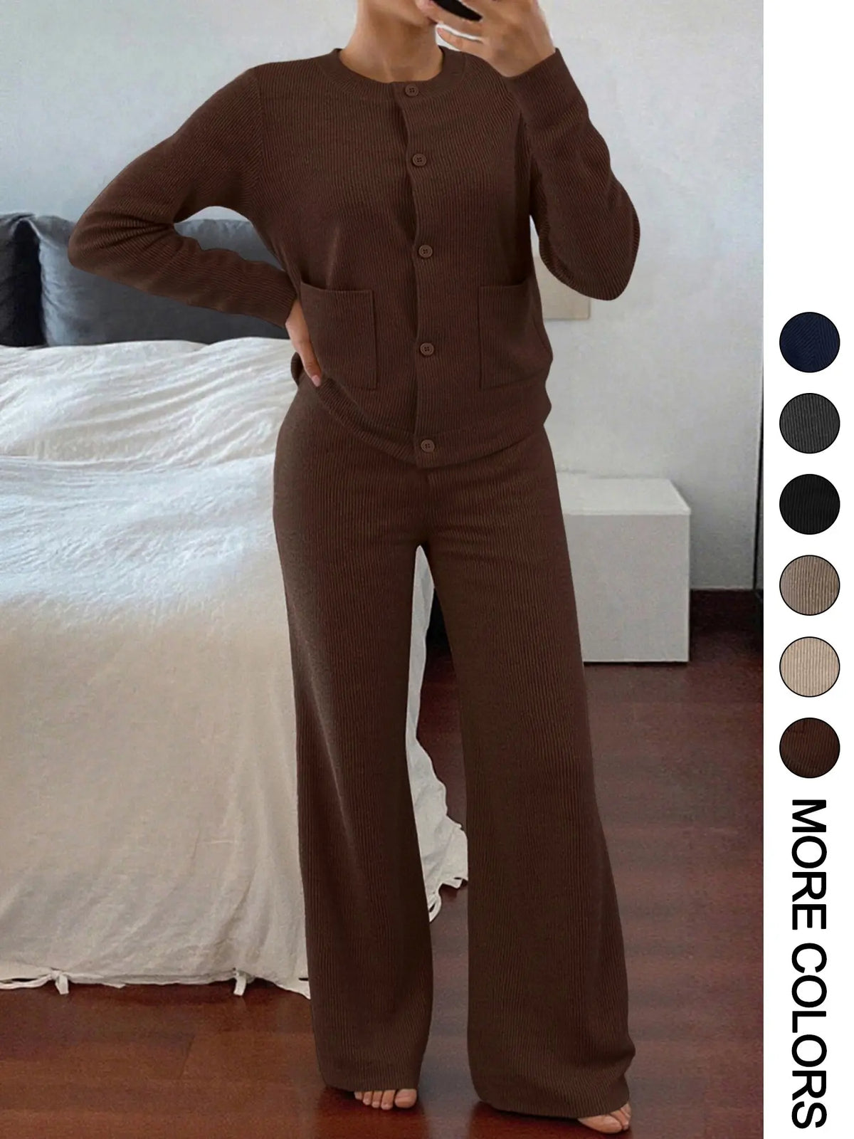 Women's Knit Two-Piece Set – Button Sweater & Wide-Leg Pants