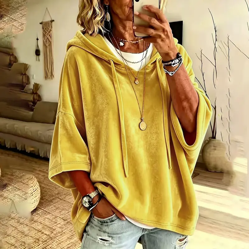 Women’s Hooded Top, Loose Fit Velour Pullover with 3/4 Sleeves, Soft Solid Color Casual Hoodie for Fall Winter, Everyday Lounge & Streetwear