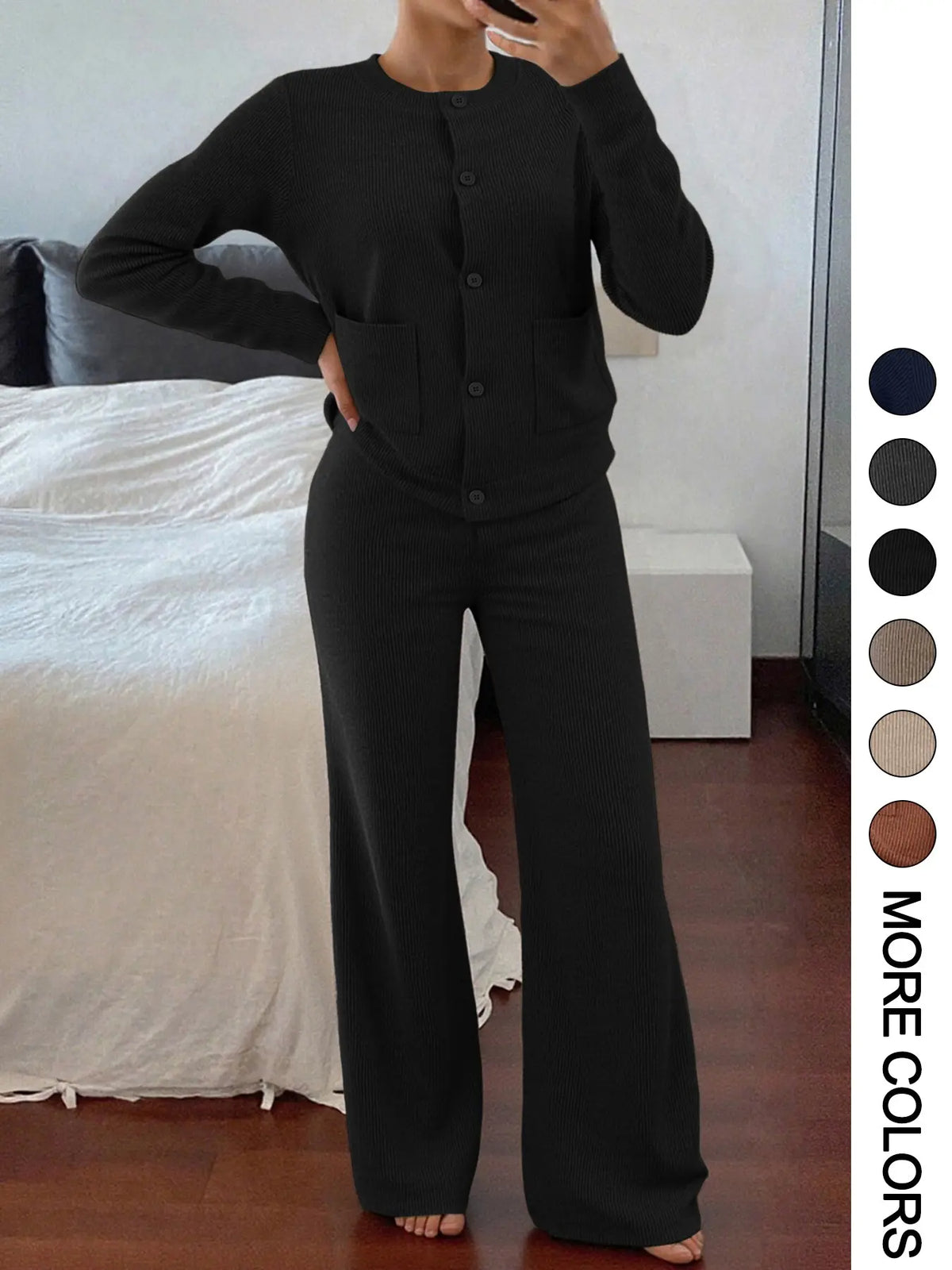 Women's Knit Two-Piece Set – Button Sweater & Wide-Leg Pants