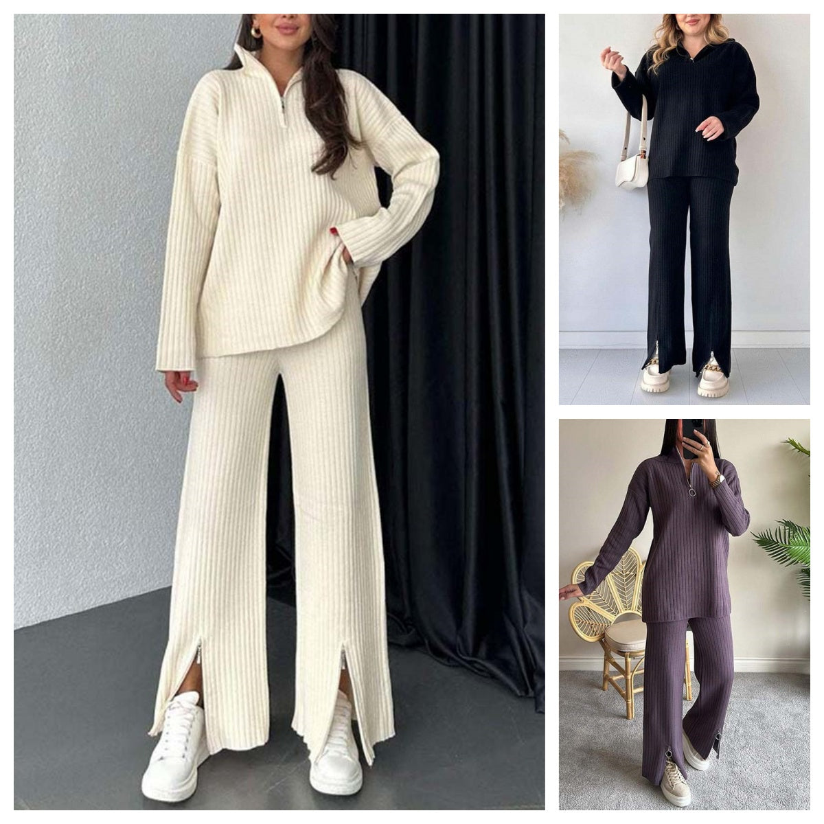 Women’s Cozy Knit Two-Piece Set with Side Slits for Fall & Winter